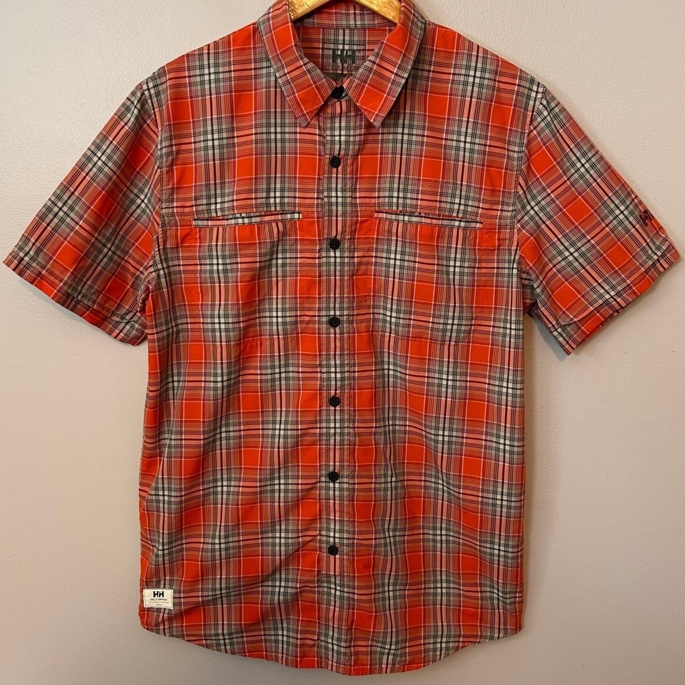 Helly Hansen Shirt Mens Large Orange Plaid Short Sleeve Technical Button Down